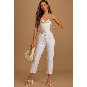 501 Crop Off White Denim High Rise Straight Leg Jeans Leather Patch